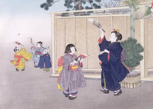 シリーズ「子供用ゲーム」のシャトルコックと羽子板、1888年（色の木版画） 作： Kobayashi Eitaku